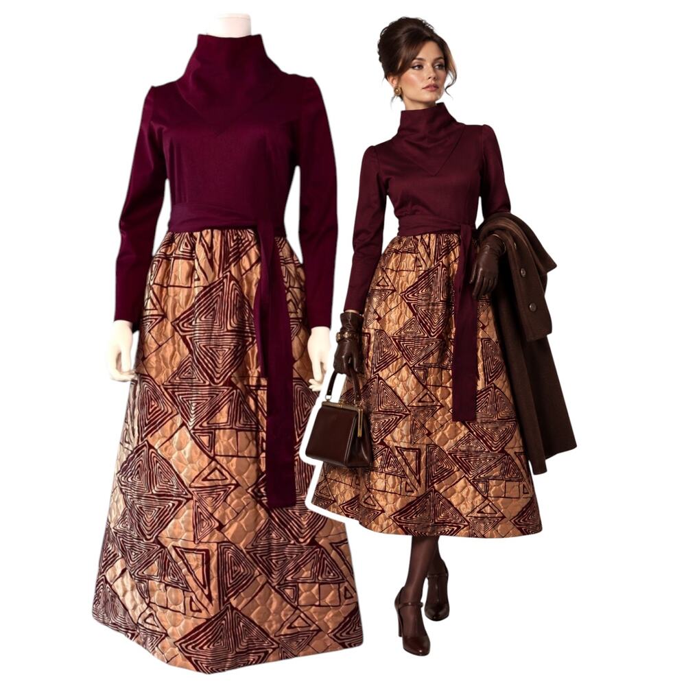 Louis Marie Quilted Skirt Maxi Dress Vtg 60s Size 8 Burgundy Gold Avant Garde